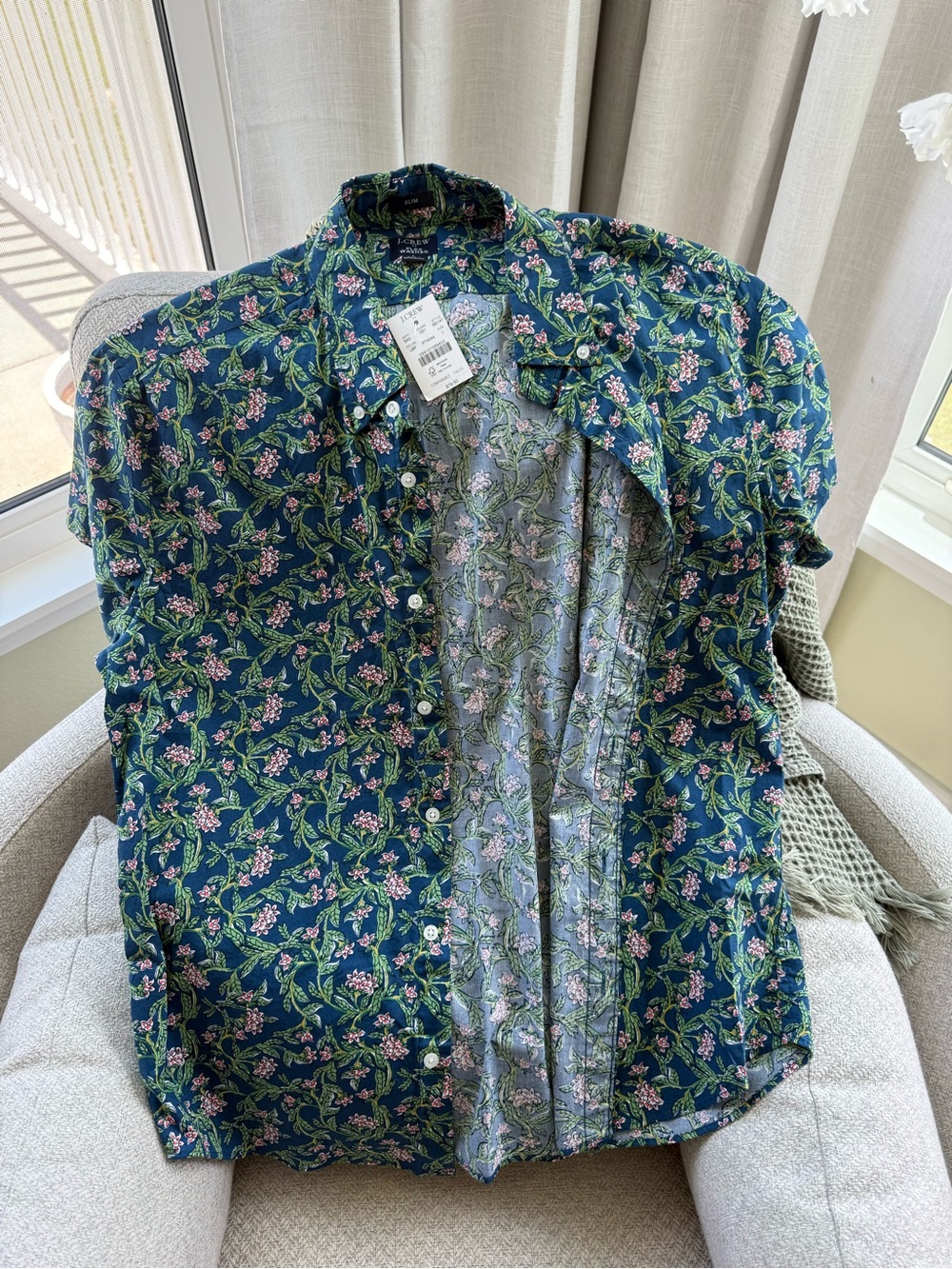 J. Crew Navy Button-Up Shirt with Pink and Green Floral Print